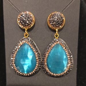 Turkish Style Gold, Blue, And Silver Teardrop Earrings